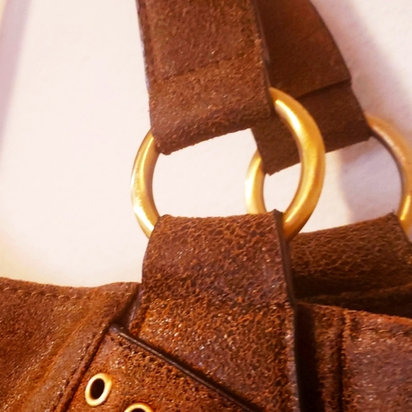 THE FIND- Distressed Tan/Brn Fringe Grommet Handbag - Picture 11 of 11